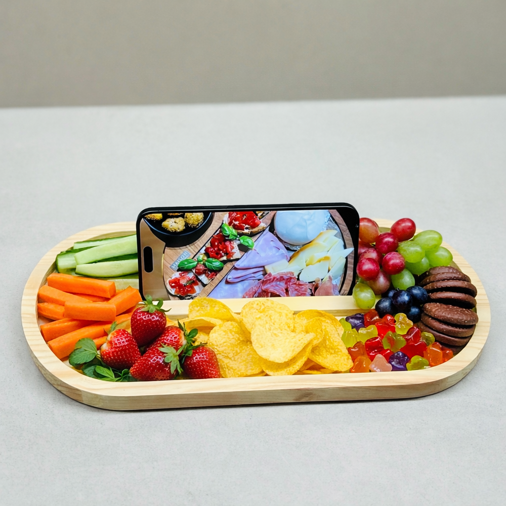 Deska na smartphona i przekąski 33×15 cm – lekka sosna, idealna na warzywa i owoce